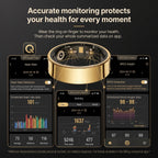 A promotional graphic for the QRing R09 health monitor, showing a gold and black ring-shaped device with internal sensors, above three smartphone app screens displaying heart rate, activity, and blood oxygen readings. Text at the top reads, 'Accurate monitoring protects your health for every moment.