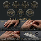 Instructional size guide for rings showing seven circular size charts at the top and four labeled panels with hands measuring a ring with rope/paper and a metal ruler. Text lists ring sizes from 7# to 13# with circumference and diameter measurements.