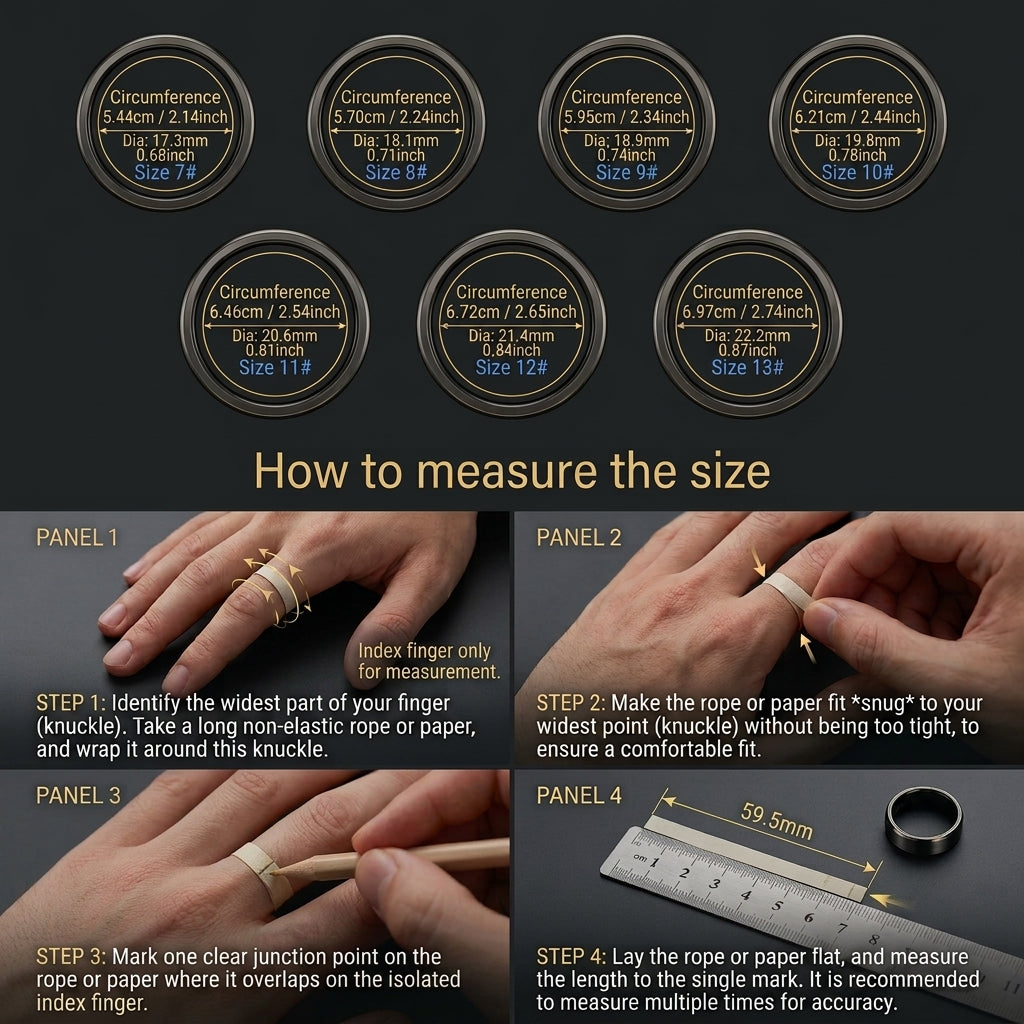 Instructional size guide for rings showing seven circular size charts at the top and four labeled panels with hands measuring a ring with rope/paper and a metal ruler. Text lists ring sizes from 7# to 13# with circumference and diameter measurements.