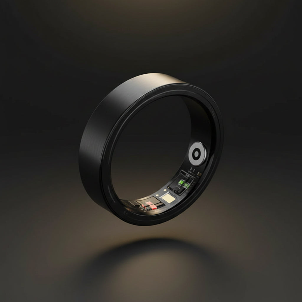 Black smart ring with open charging case on a white background