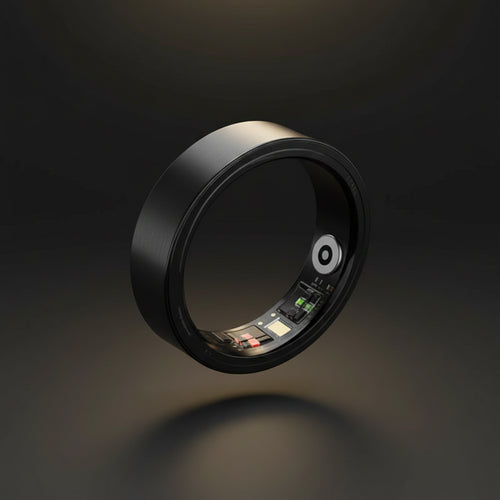 Black smart ring with open charging case on a white background