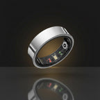 Smart ring with electronic components and a black case on a white background