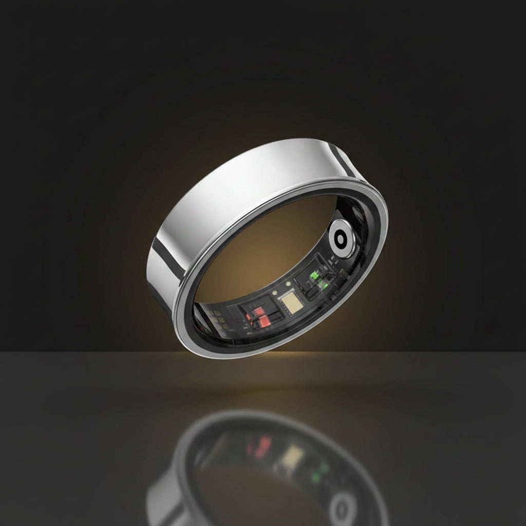 Smart ring with electronic components and a black case on a white background