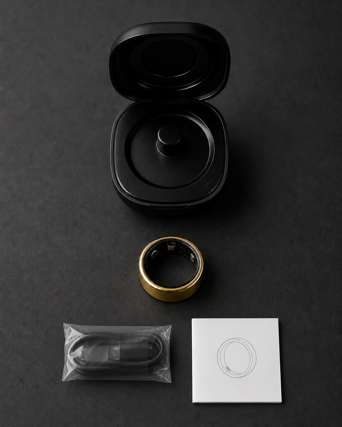 LazyGdgets R09 package contents including charging case, gold ring, sealed cable, and quick guide